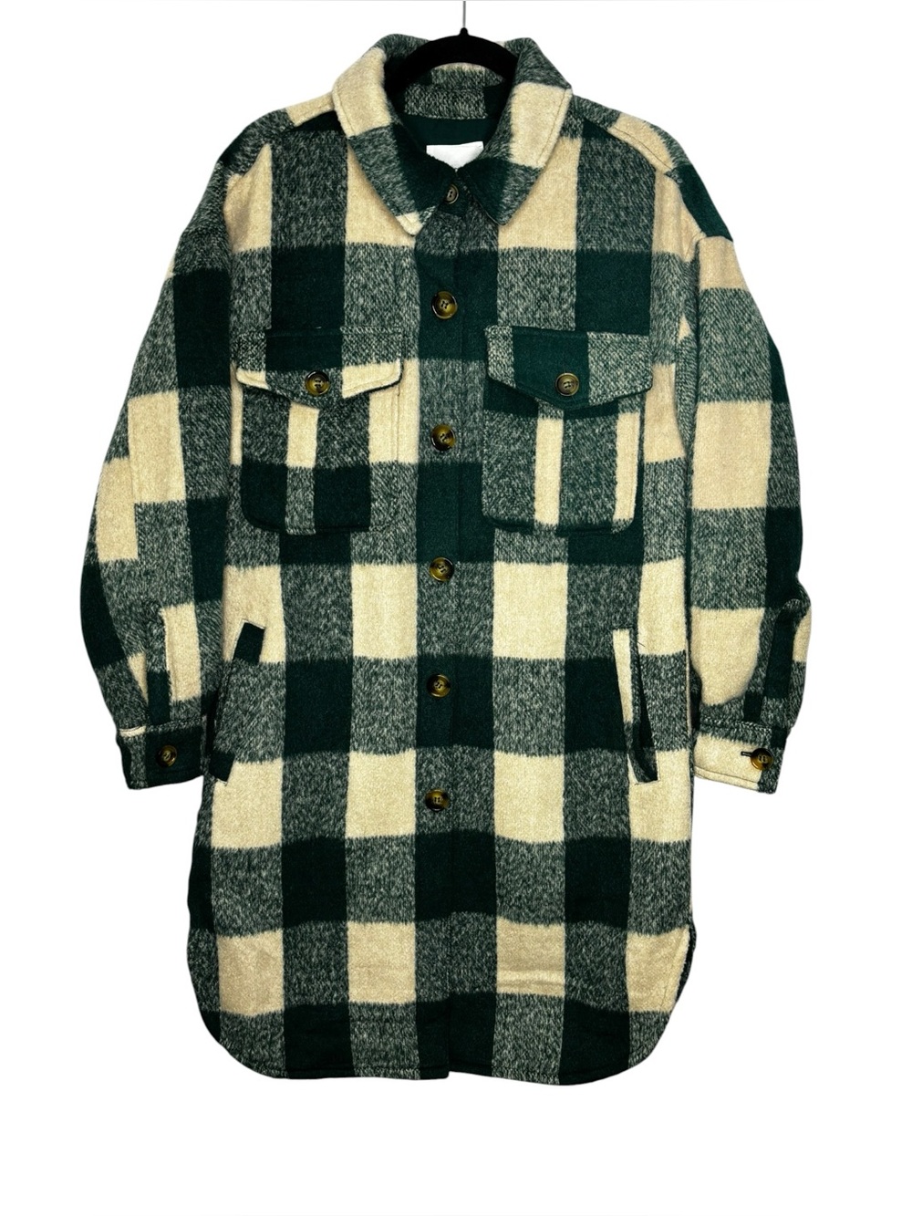 Avec Les Filles Relaxed Longline Buffalo Emerald Oversize Plaid Shacket Coat Med